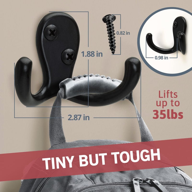 JD Jack N'Drill Jack Nâ€™ Drill 5 + 1 Pack Double Coat Hooks in Black Finish, Easy to Install, Stronger & More Durable for Heavy Items, Wall Mount Hook for Hanging Towels, Coats, Hats, Heavy Bags, and More - Image 2